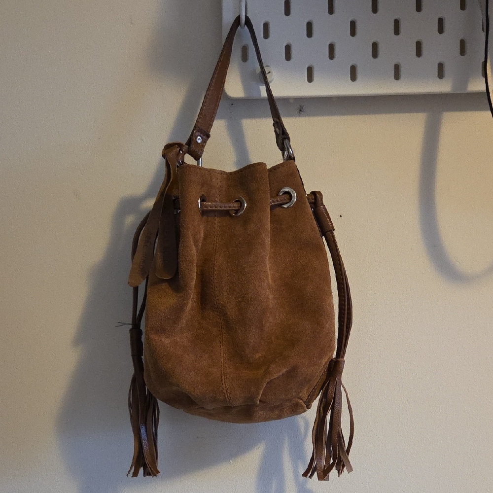 Topshop Brown Suede Mini Bucket Hand Bag with Tassel Ties